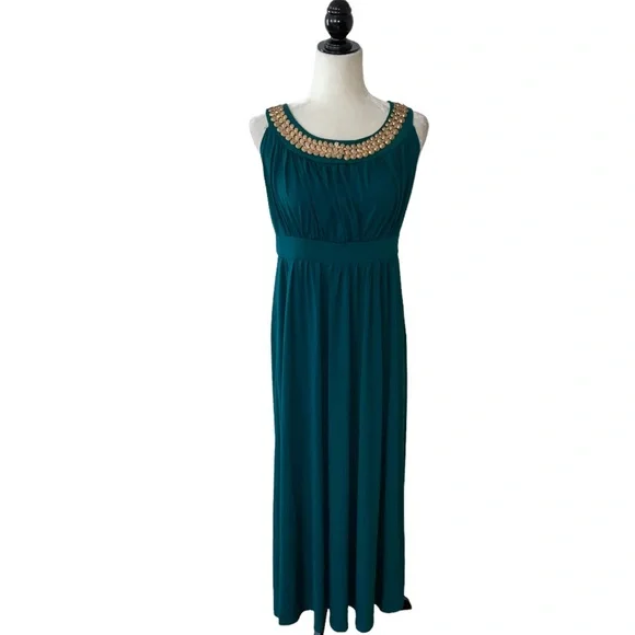 Dresses | Sandiva Green Gold Jewel Bib Maxi Dress | Poshmark